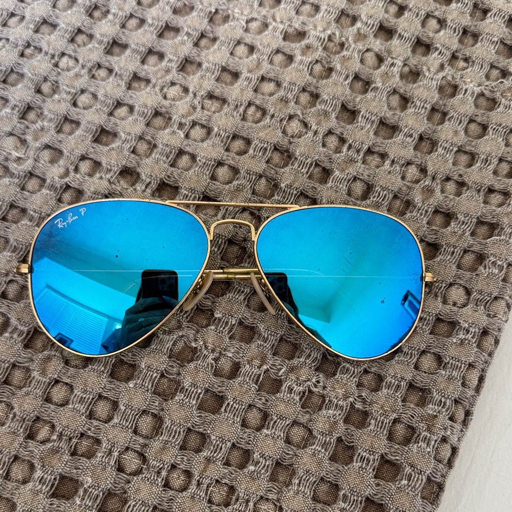 Ray-Ban Gold Frame Sunglasses with Blue Mirrored Lenses